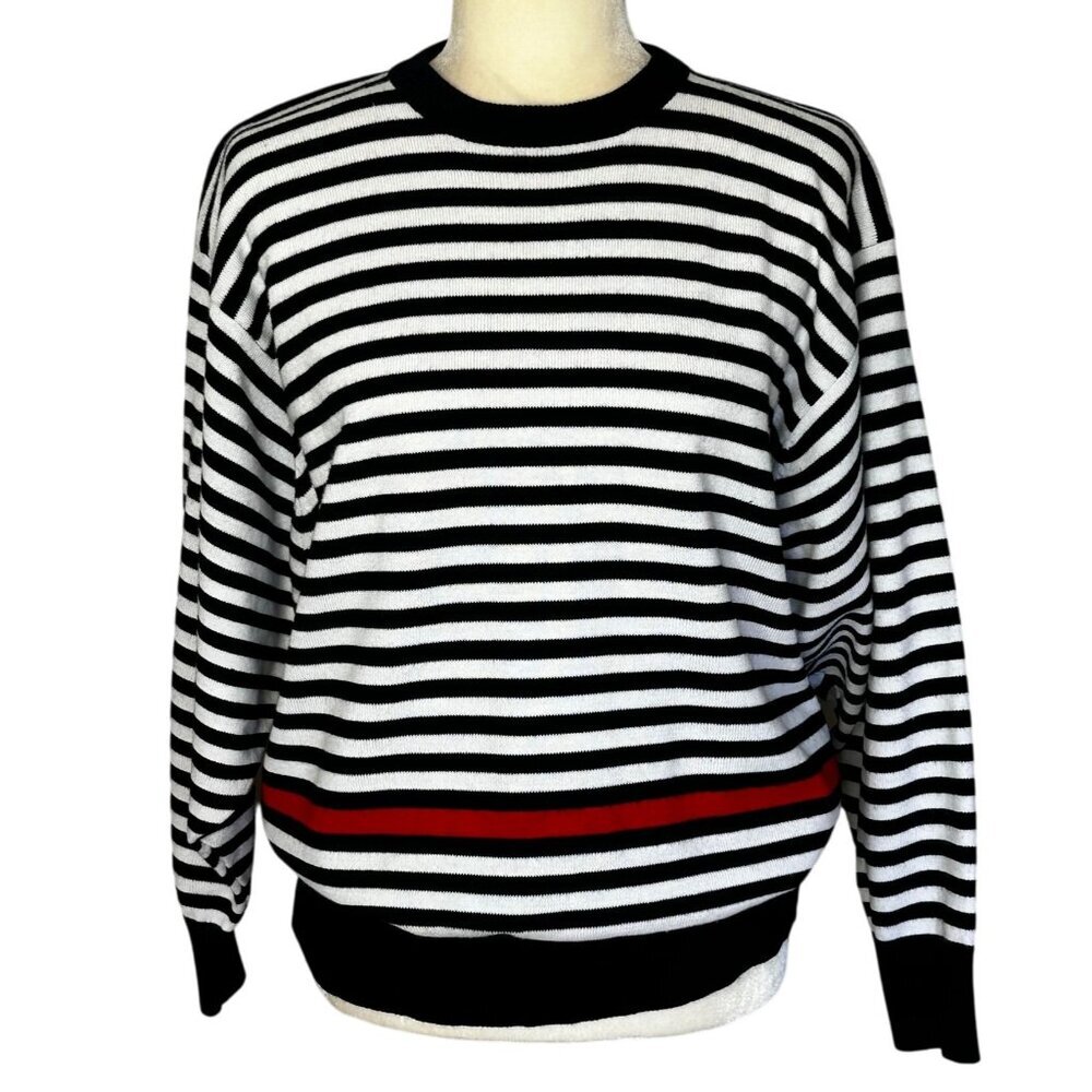 Vintage 80s Black White Stripe Dolman Sweater Oversized Large